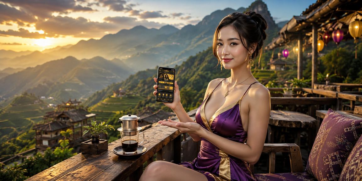 Người dùng tại Sa Pa xem kèo cá cược thể thao trên điện thoại bên ly cà phê sáng